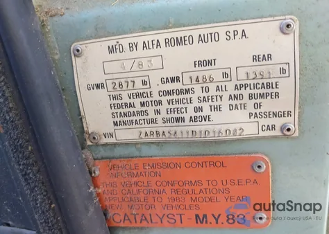 1983 Alfa Romeo Veloce 2000 Spider из США, поврежденный, VIN ZARBA5411D1016042